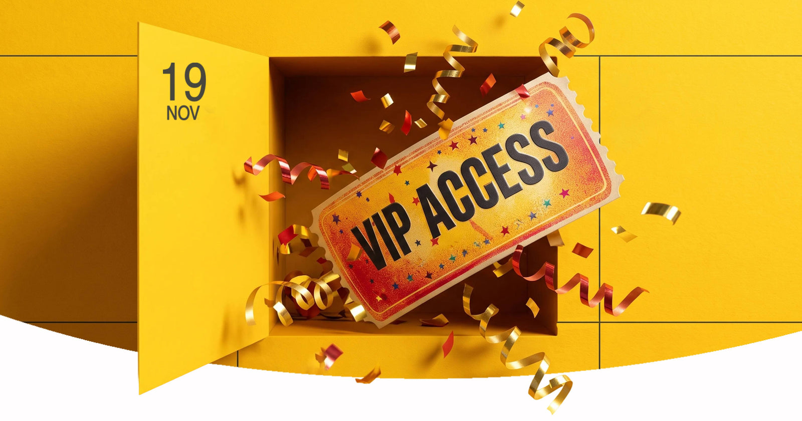 En gul kassaskåpsdörr med 19 NOV öppnas och visar en VIP Access-biljett